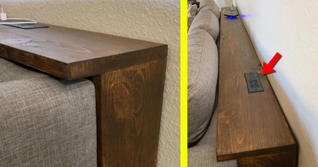 behind the couch table with outlet